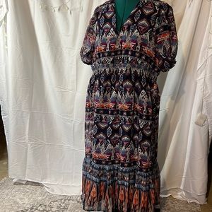 NWOT Old Navy defined-waist short sleeve V-neck blue printed MIDI dress XXL